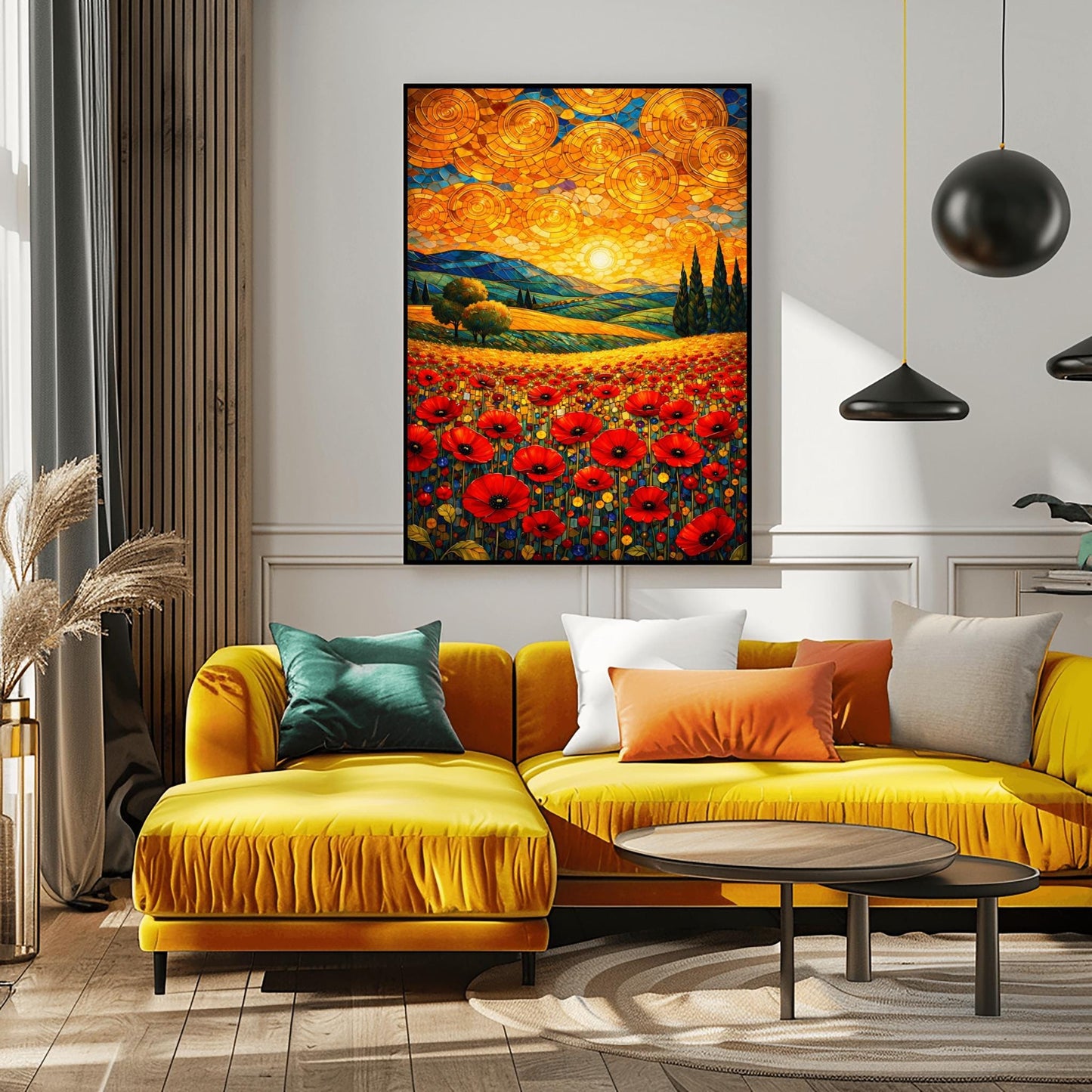 A vertical fine art print in the style of Gustav Klimt. A foreground of vibrant red poppies leads to rolling blue and green hills with cypress trees. The sky is filled with large, shimmering golden spirals and a bright sun, created in a mosaic style.