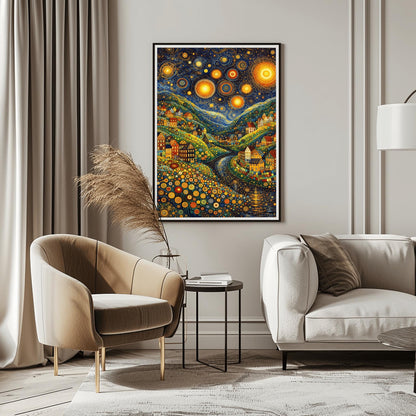 A vertical art print depicting a vibrant, stylized valley at night. The sky is filled with massive, glowing yellow stars with concentric circle patterns and golden swirls. Below, colorful houses with geometric details are built into hills made of green and yellow dots. A dark river winds through the center. The foreground is filled with multi-colored circular flower patterns. The overall style is a mix of mosaic textures and swirling post-impressionist brushwork.
