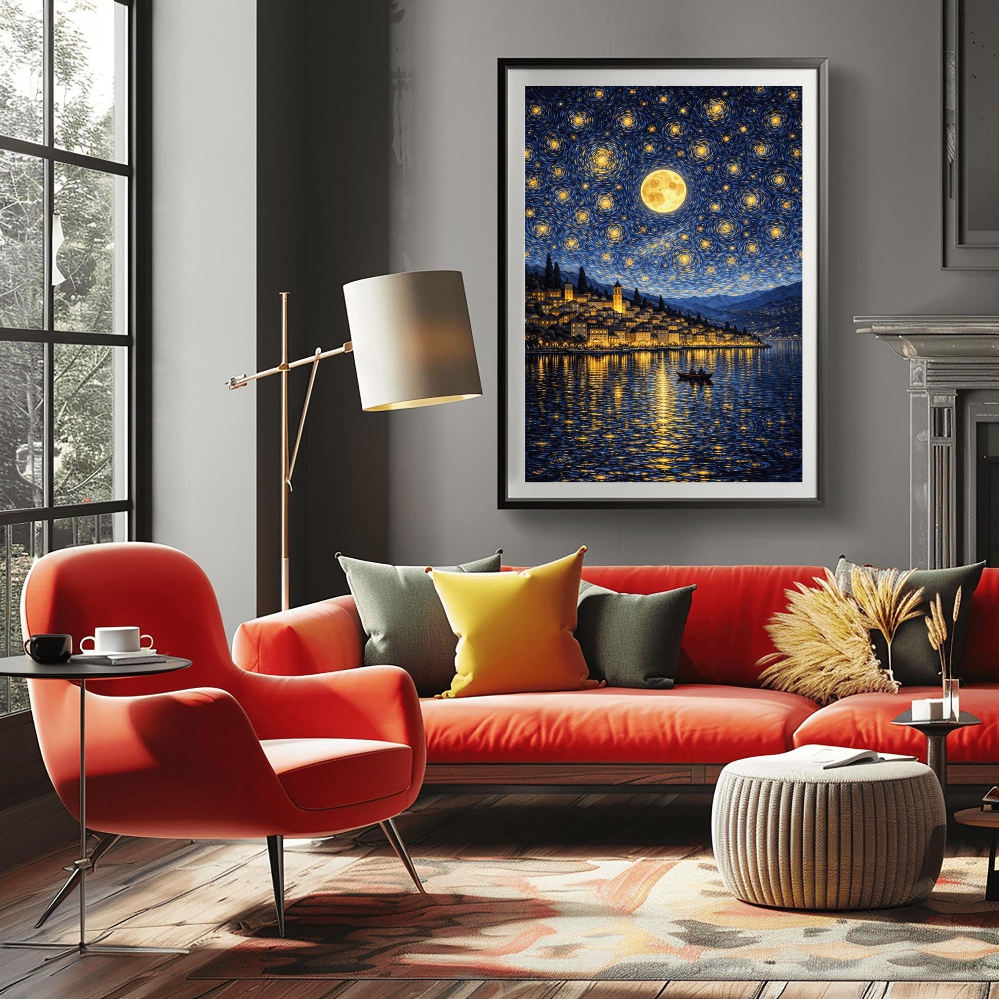 A vertical digital illustration of a coastal town at night in an impressionist style. A large full moon and many swirling yellow stars fill a deep blue sky. The golden lights of the hillside buildings reflect in the water below. A small rowboat with two people is in the foreground.