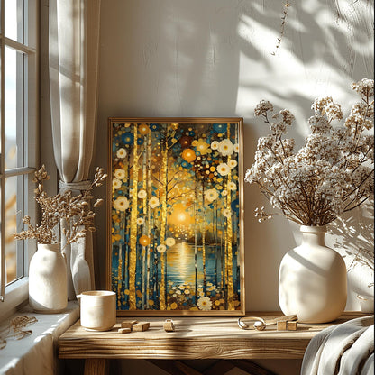 A vertical, highly detailed oil painting in the style of Gustav Klimt. A forest of slender birch trees with textured gold-leaf bark stands before a calm blue lake. A bright, glowing sun is centered in the background, reflecting a shimmering golden path on the water. The scene is filled with stylized, circular flowers in cream, gold, and deep blue. The overall style is rich in mosaic-like textures and opulent gold accents.