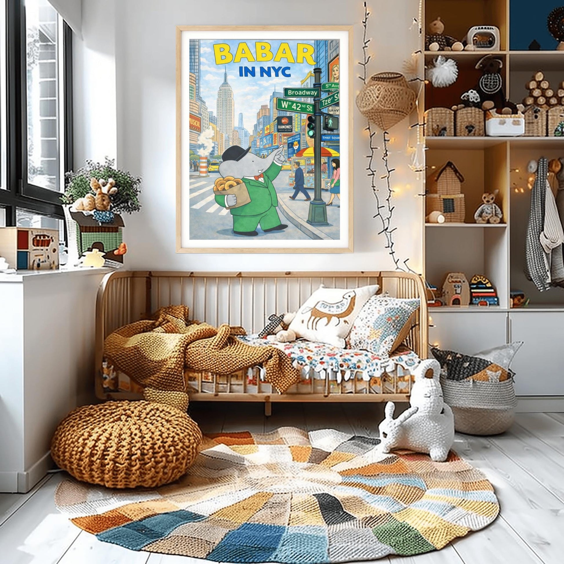 A vertical children's illustration poster titled "BABAR IN NYC." At the center is Babar the elephant wearing a green suit and black bowler hat, holding a brown bag of bagels. He is standing on a busy New York City street corner next to a sign for Broadway and W 42nd St. Behind him is the Empire State Building and colorful Times Square billboards. The name "Laurent de Brunhoff" is at the bottom.