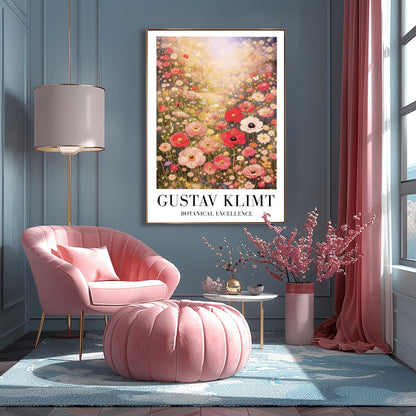 A vertical museum exhibition poster in the style of Gustav Klimt. A vast meadow of pink, red, and white wildflowers is bathed in bright, hazy sunlight from above. Large poppies are in the foreground, with a small butterfly on the left. Below the image, bold black text reads "GUSTAV KLIMT" and "BOTANICAL EXCELLENCE" on a white border.