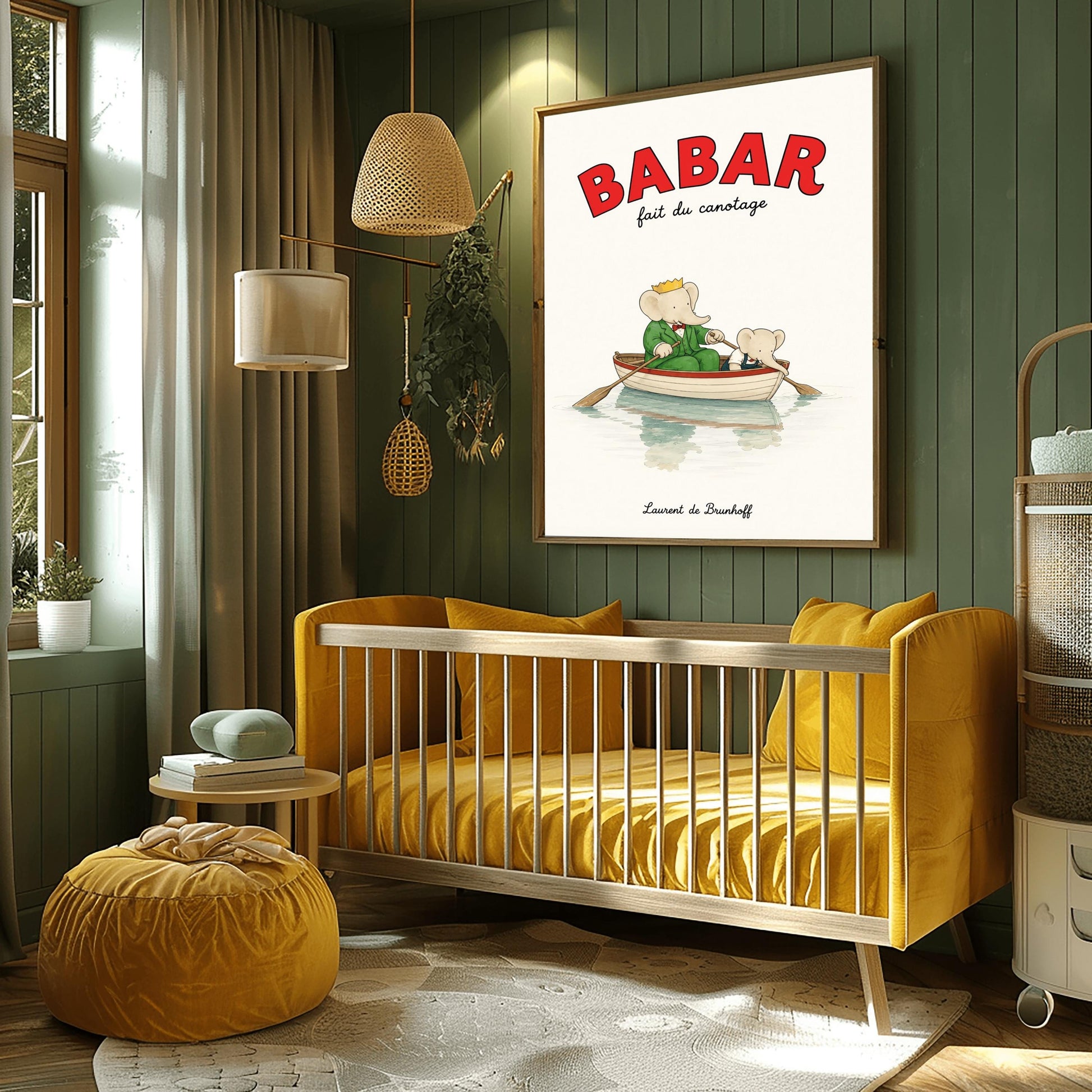 A vertical retro fine art exhibition poster titled "BABAR fait du canotage" on a wide cream border. The top "BABAR" text is printed in a bold red font. The illustration shows an elephant wearing a crown and green suit sitting in a white wooden rowboat with a red rim, holding two oars. A smaller elephant leans over the front of the boat looking at its reflection in the calm water. The name "Laurent de Brunhoff" anchors the bottom.