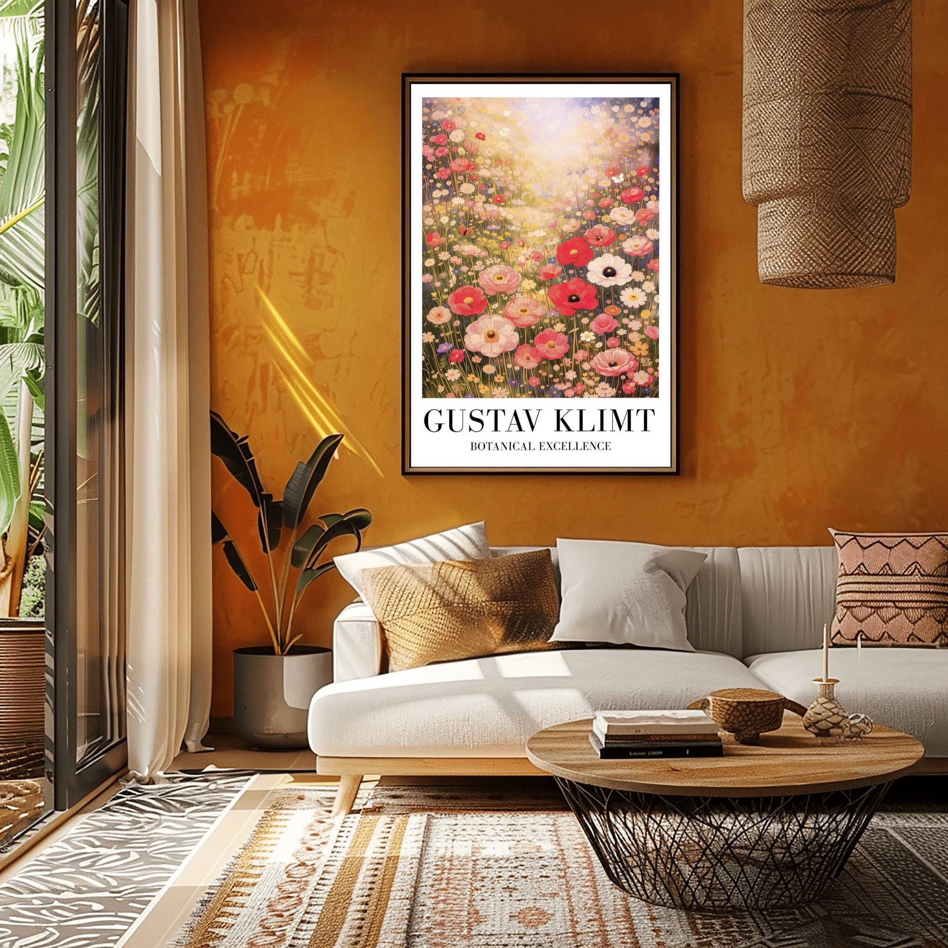 A vertical museum exhibition poster in the style of Gustav Klimt. A vast meadow of pink, red, and white wildflowers is bathed in bright, hazy sunlight from above. Large poppies are in the foreground, with a small butterfly on the left. Below the image, bold black text reads "GUSTAV KLIMT" and "BOTANICAL EXCELLENCE" on a white border.