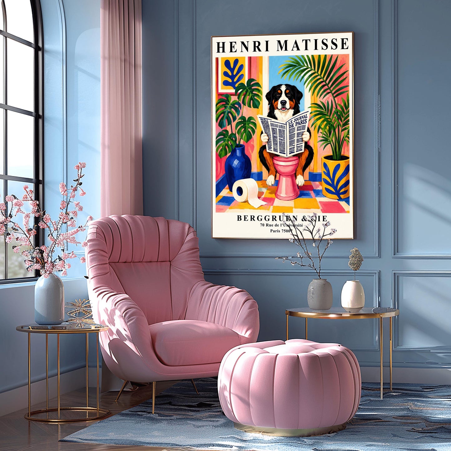 A vertical retro exhibition poster for Henri Matisse set on a wide cream border. The central image shows a colorful, painterly Fauvism illustration of a fluffy black, white, and tan Bernese Mountain Dog sitting on a pink toilet. The dog is looking forward with a slight smile while holding open a large newspaper titled "LE JOURNAL DE PARIS". The background is a bright, sunlit bathroom with pink and yellow walls, a checkered tile floor, a framed blue coral print