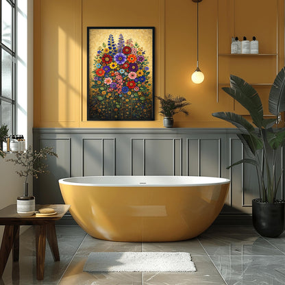 A vertical art print in the style of Gustav Klimt featuring a dense bouquet of colorful wildflowers. The flowers, including red, purple, and orange zinnias and tall blue delphiniums, are rendered as intricate mosaics with geometric patterns. The entire arrangement is set against a shimmering, gold-tiled background that glows with metallic light. The style is highly decorative, maximalist, and vibrant.