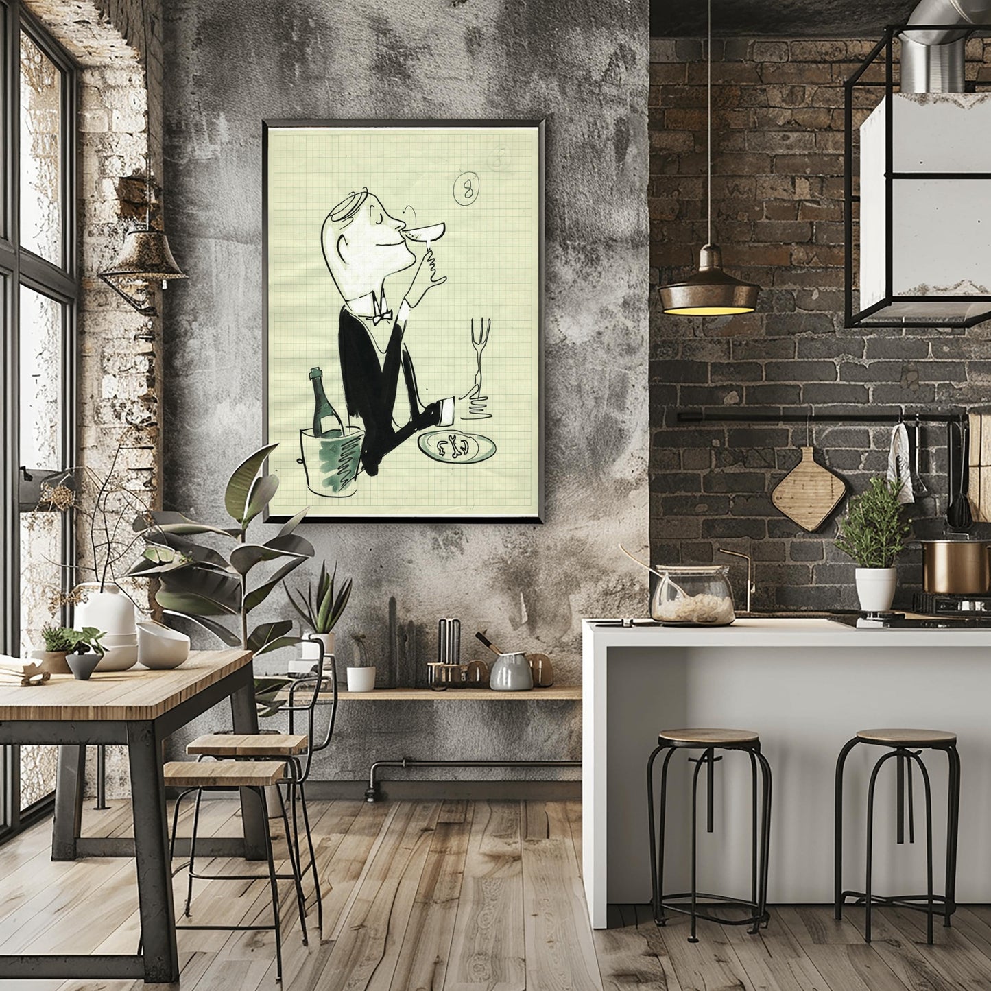A vertical black-and-white ink sketch on a light green graph paper background. A man in a tuxedo and bow tie is shown from the waist up in profile, smiling as he sniffs a glass of wine or champagne. To his left is a bottle in a wine chiller bucket with grey watercolor shading. To his right, a hand holds a long fork over a plate with food remains. In the upper right corner, the number "8" is circled. The style is loose, expressive, and minimalist.