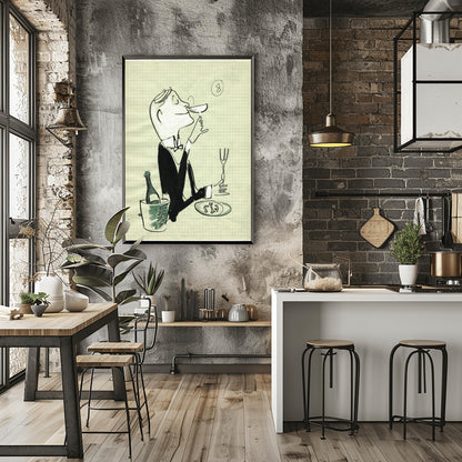 A vertical black-and-white ink sketch on a light green graph paper background. A man in a tuxedo and bow tie is shown from the waist up in profile, smiling as he sniffs a glass of wine or champagne. To his left is a bottle in a wine chiller bucket with grey watercolor shading. To his right, a hand holds a long fork over a plate with food remains. In the upper right corner, the number "8" is circled. The style is loose, expressive, and minimalist.