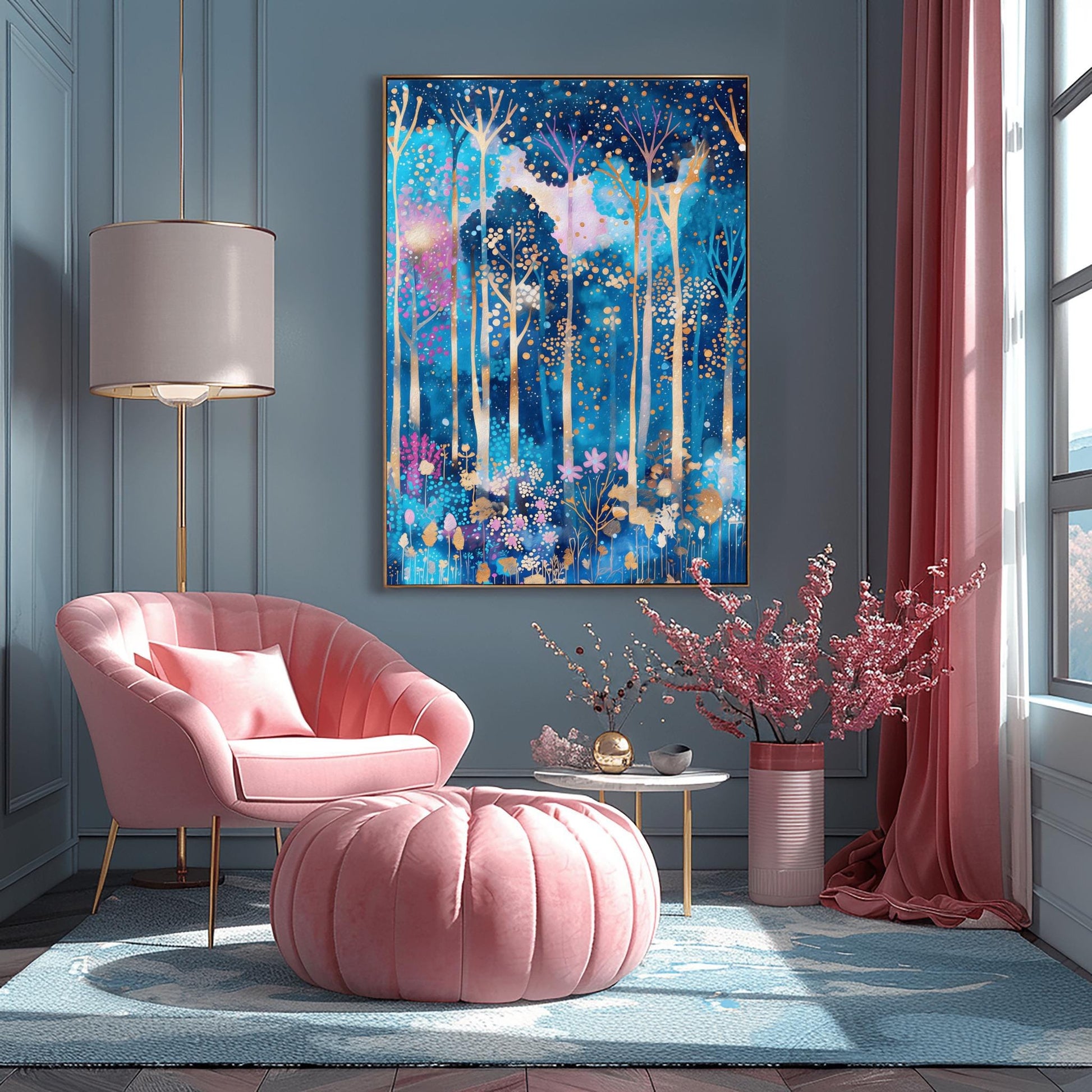 A vertical fine art print in the style of Gustav Klimt. A mystical forest with slender, glowing white and gold tree trunks set against a deep blue and periwinkle background. The canopy and floor are filled with thousands of tiny, glowing gold and amber dots, with small pink flowers at the base, creating a mosaic-like effect.
