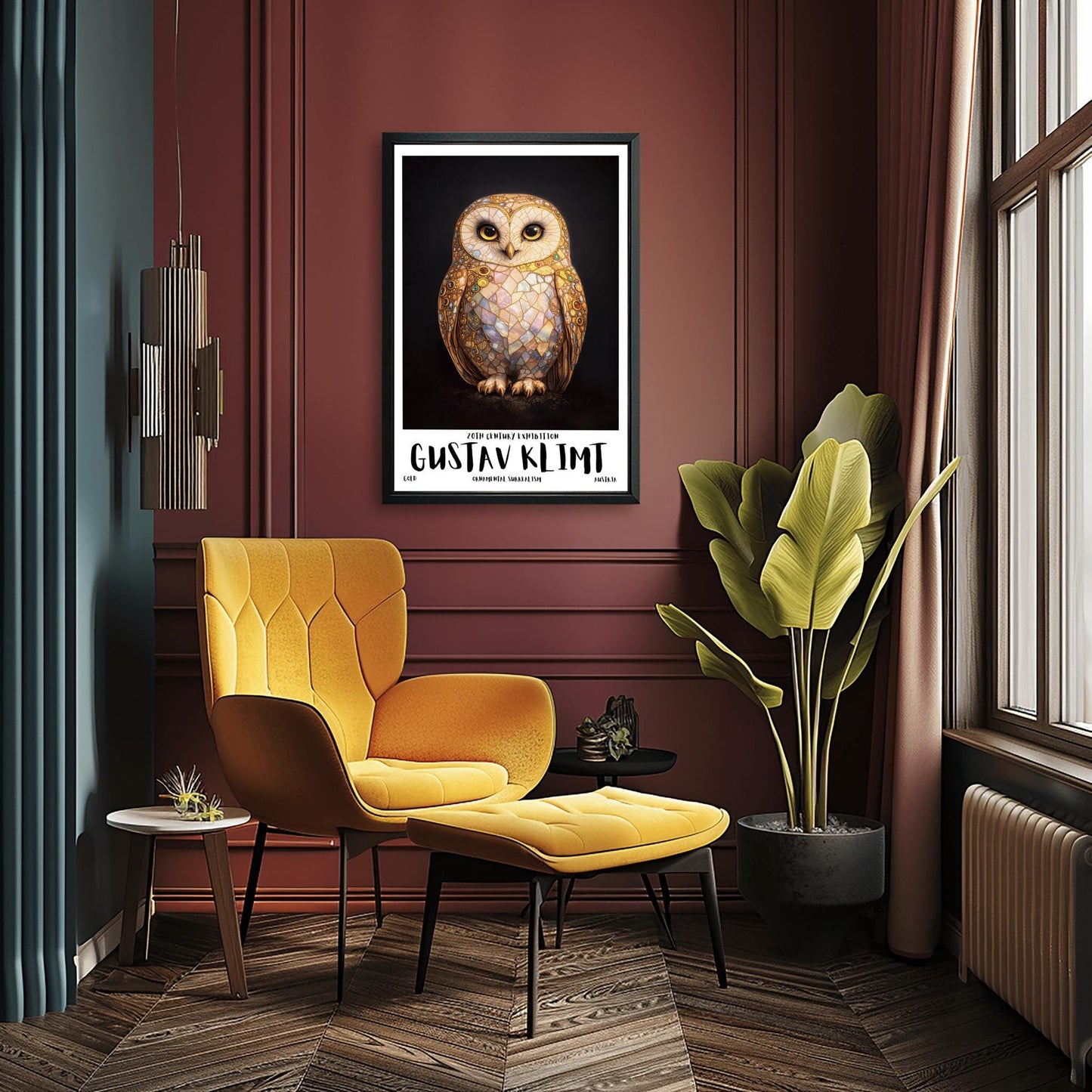 A vertical full-bleed illustration of a barn owl in the style of Gustav Klimt. The owl's body is a complex mosaic of gold, cream, and iridescent pastel tiles with small colorful gemstones embedded in the wings. It has large dark eyes and stands against a solid black background.