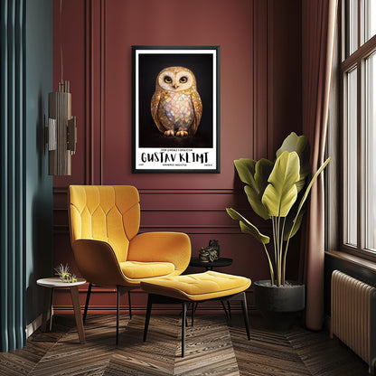 A vertical full-bleed illustration of a barn owl in the style of Gustav Klimt. The owl's body is a complex mosaic of gold, cream, and iridescent pastel tiles with small colorful gemstones embedded in the wings. It has large dark eyes and stands against a solid black background.