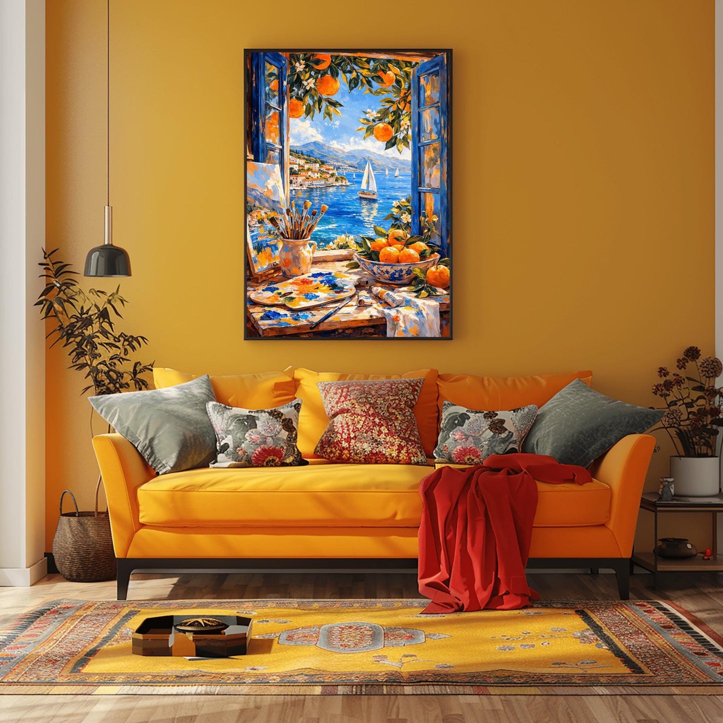 A vertical painterly illustration of an artist's studio window. In the foreground, a table holds a paint palette, brushes in a jar, and a bowl of oranges. Outside the open blue shutters, a sailboat drifts on a blue sea next to a coastal town and mountains.