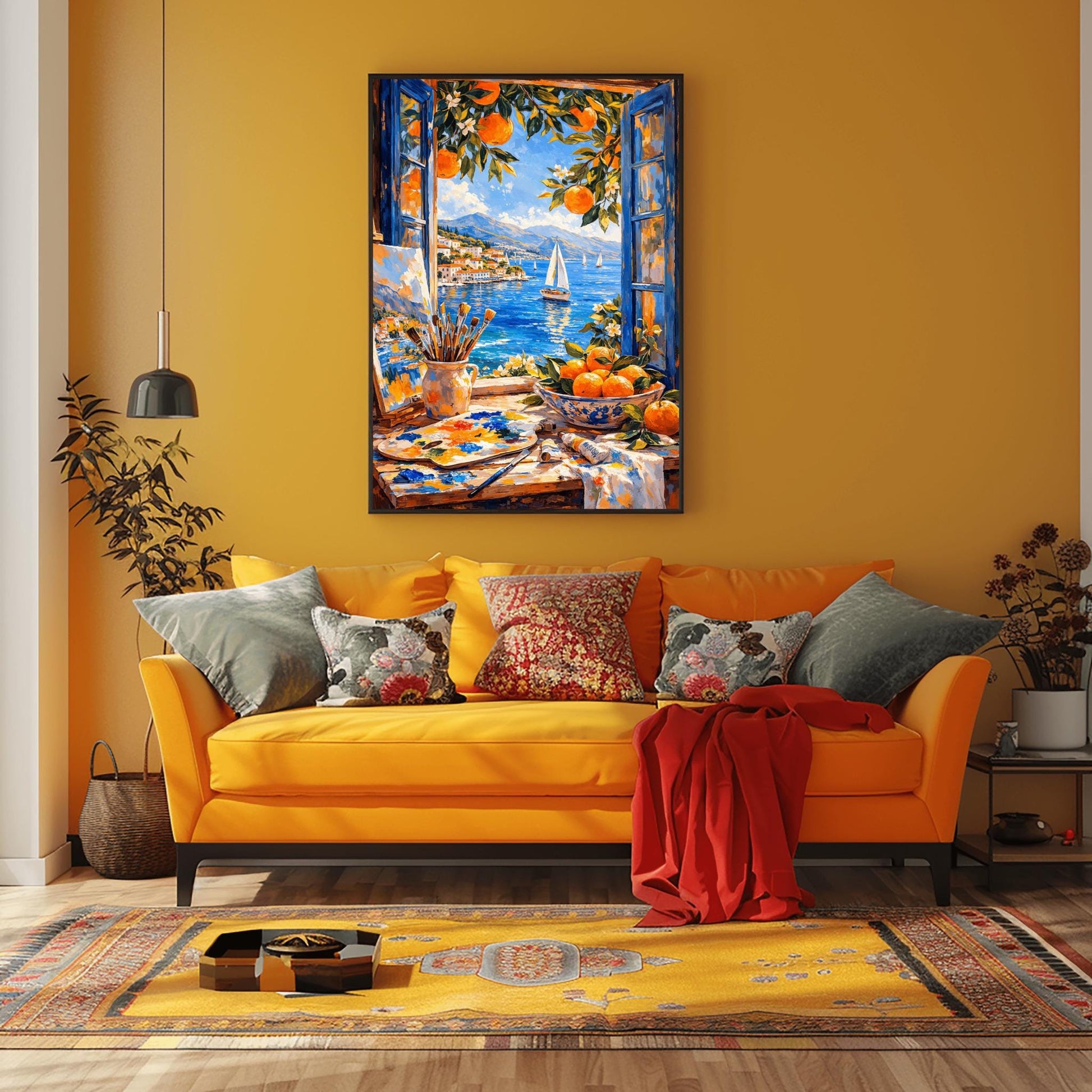 A vertical painterly illustration of an artist's studio window. In the foreground, a table holds a paint palette, brushes in a jar, and a bowl of oranges. Outside the open blue shutters, a sailboat drifts on a blue sea next to a coastal town and mountains.