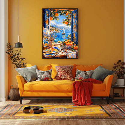 A vertical painterly illustration of an artist's studio window. In the foreground, a table holds a paint palette, brushes in a jar, and a bowl of oranges. Outside the open blue shutters, a sailboat drifts on a blue sea next to a coastal town and mountains.