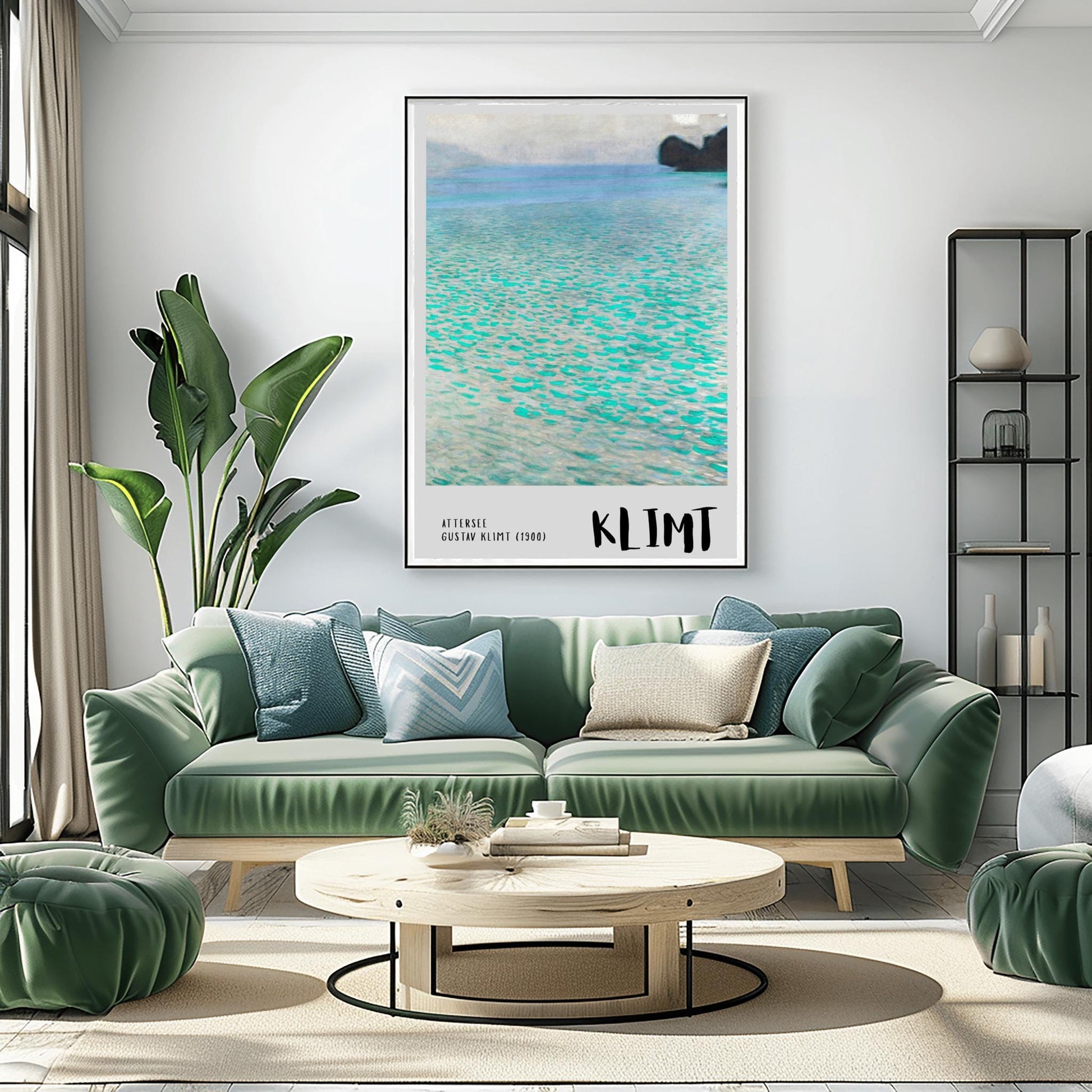 A vertical museum exhibition poster featuring Gustav Klimt's 1900 landscape painting "Attersee." The image depicts a close-up, shimmering view of a turquoise lake with a small dark island in the top right. The bottom border is soft grey with bold black text reading "ATTERSEE" and "KLIMT."