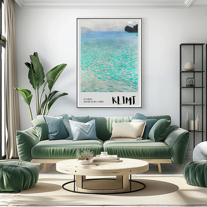 A vertical museum exhibition poster featuring Gustav Klimt's 1900 landscape painting "Attersee." The image depicts a close-up, shimmering view of a turquoise lake with a small dark island in the top right. The bottom border is soft grey with bold black text reading "ATTERSEE" and "KLIMT."