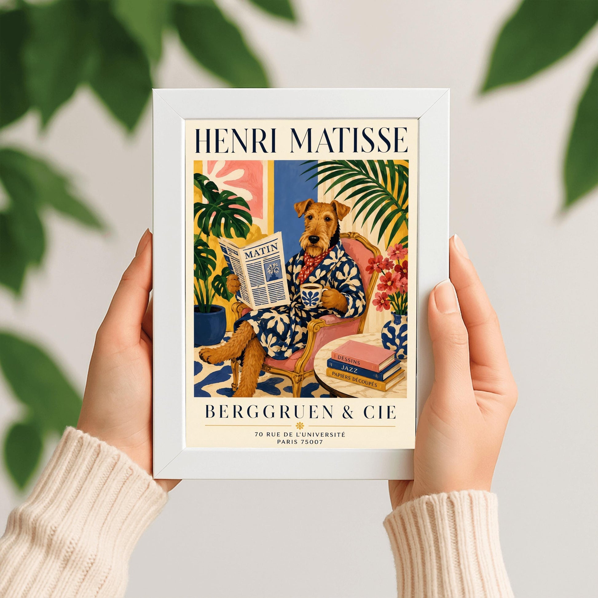 A vertical retro French exhibition poster for Henri Matisse Côte d'Azur on a wide ivory border, as seen in Screenshot 2026-06-06 at 23.18.59.png. The main image shows a beautiful summer illustration of a stone terrace overlooking the blue Mediterranean Sea where two white sailboats float. On the terrace, two women wearing white dresses and straw hats sit facing the water. To the left stands a green lemon tree with yellow fruit and large pots of pink and white flowers.