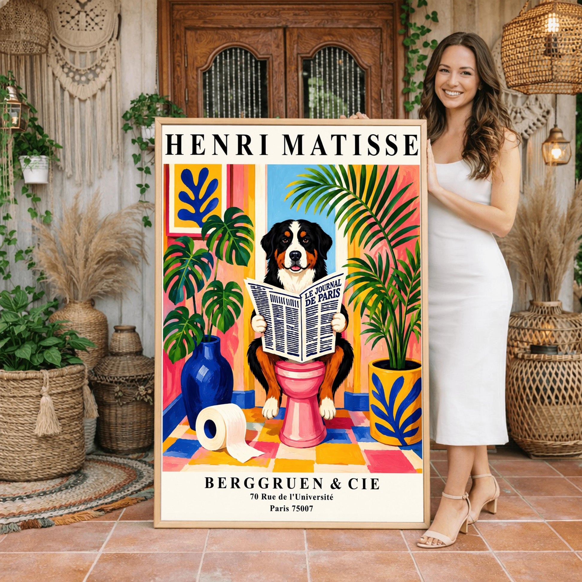 A vertical retro exhibition poster for Henri Matisse set on a wide cream border. The central image shows a colorful, painterly Fauvism illustration of a fluffy black, white, and tan Bernese Mountain Dog sitting on a pink toilet. The dog is looking forward with a slight smile while holding open a large newspaper titled "LE JOURNAL DE PARIS". The background is a bright, sunlit bathroom with pink and yellow walls, a checkered tile floor, a framed blue coral print