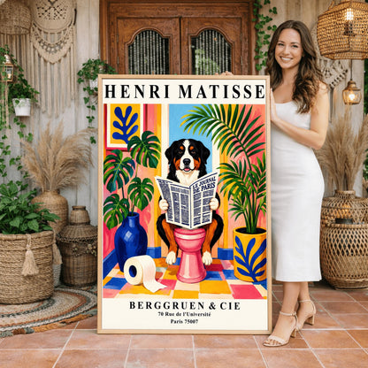 A vertical retro exhibition poster for Henri Matisse set on a wide cream border. The central image shows a colorful, painterly Fauvism illustration of a fluffy black, white, and tan Bernese Mountain Dog sitting on a pink toilet. The dog is looking forward with a slight smile while holding open a large newspaper titled "LE JOURNAL DE PARIS". The background is a bright, sunlit bathroom with pink and yellow walls, a checkered tile floor, a framed blue coral print