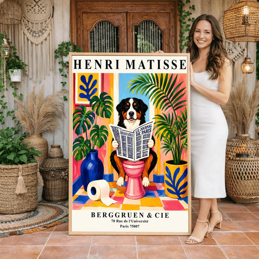 A vertical retro exhibition poster for Henri Matisse set on a wide cream border. The central image shows a colorful, painterly Fauvism illustration of a fluffy black, white, and tan Bernese Mountain Dog sitting on a pink toilet. The dog is looking forward with a slight smile while holding open a large newspaper titled "LE JOURNAL DE PARIS". The background is a bright, sunlit bathroom with pink and yellow walls, a checkered tile floor, a framed blue coral print