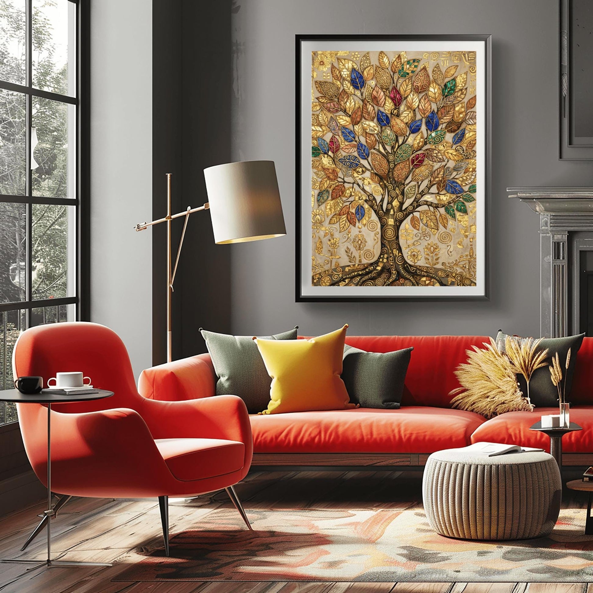 A vertical fine art print in the style of Gustav Klimt. A large, ornate tree with golden swirling branches is centered against a light-gold background. The leaves of the tree are rendered as colorful mosaic jewels in deep blue, red, and green. The entire scene is filled with intricate gold leaf patterns, spirals, and geometric symbols.