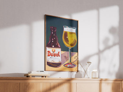 Duvel Art Print - Modern Belgian Beer Poster & Craft Beer Wall Art, Pop Art Duvel Bottle and Glass, Unique Bar Cart Decor Gift