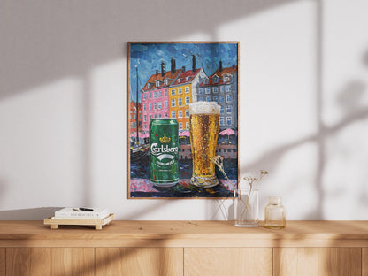 Carlsberg Beer Lover Gift Poster, Copenhagen Wall Art, Denmark Bar Decor, Unique Beer Painting for Man Cave or Dining Room
