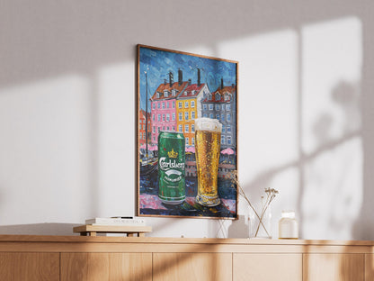 Carlsberg Beer Lover Gift Poster, Copenhagen Wall Art, Denmark Bar Decor, Unique Beer Painting for Man Cave or Dining Room