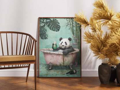 Panda Bathroom Wall Art - Funny Animal Poster with Heineken Print, Panda in Bathtub, Botanical Animal Bathroom Decor
