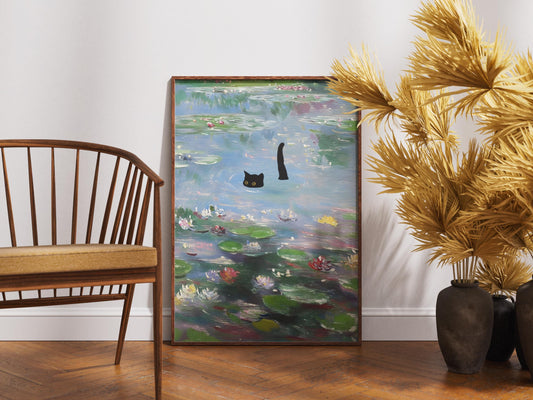Cat Art Monet Waterlily Print, Claude Monet Style, Impressionist Wall Art, Black Cat Lover Gift, Pond Decor, Quirky Animal Painting