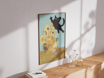 Cat Print Wall Art Poster - Van Gogh Sunflowers Still Life Funny Gift for Cat Lovers, Unique Home Decor, Poster Print