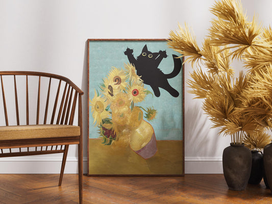 Cat Print Wall Art Poster - Van Gogh Sunflowers Still Life Funny Gift for Cat Lovers, Unique Home Decor, Poster Print