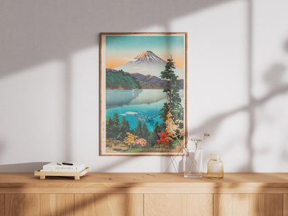 Mount Fuji Woodblock Print Ukiyo-e Art | Serene Japanese Lake Landscape | Traditional Asian Wall Decor Gift by Tsuchiya Koitsu