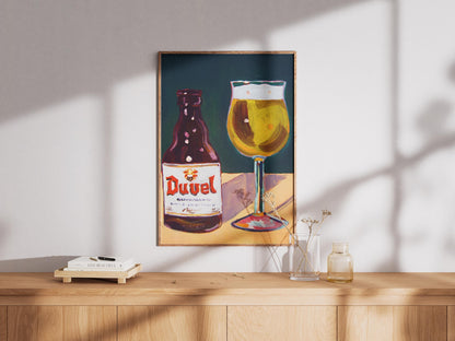 Duvel Art Print - Modern Belgian Beer Poster & Craft Beer Wall Art, Pop Art Duvel Bottle and Glass, Unique Bar Cart Decor Gift
