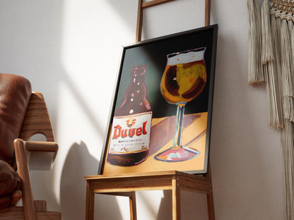 Duvel Art Print - Modern Belgian Beer Poster & Craft Beer Wall Art, Pop Art Duvel Bottle and Glass, Unique Bar Cart Decor Gift
