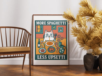 More Spaghetti Less Upsetti Cat Print, Funny Kitchen Art, Pasta Lover Gift, Retro Food Poster, Humorous Cat Wall Art, Unframed Decor