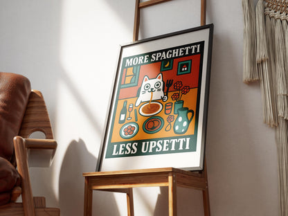 More Spaghetti Less Upsetti Cat Print, Funny Kitchen Art, Pasta Lover Gift, Retro Food Poster, Humorous Cat Wall Art, Unframed Decor