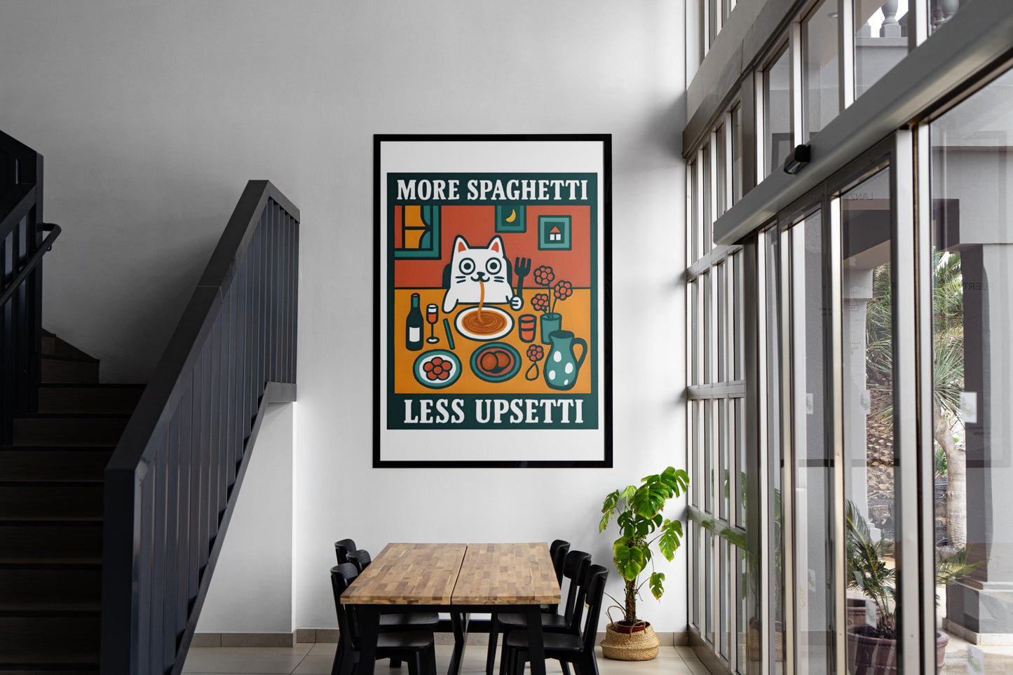 More Spaghetti Less Upsetti Cat Print, Funny Kitchen Art, Pasta Lover Gift, Retro Food Poster, Humorous Cat Wall Art, Unframed Decor