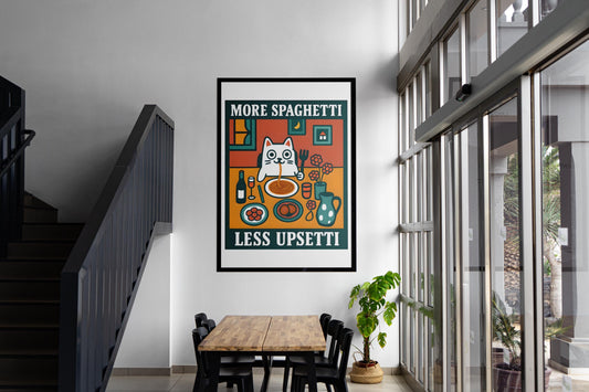 More Spaghetti Less Upsetti Cat Print, Funny Kitchen Art, Pasta Lover Gift, Retro Food Poster, Humorous Cat Wall Art, Unframed Decor