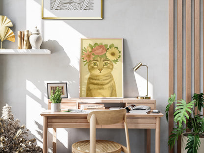 Frida Kahlo Cat Art  Poster, Frida With Roses Print, Mexican Art, Modern Pink Wall Decor, Feminist Art Gift, Unframed Museum Quality