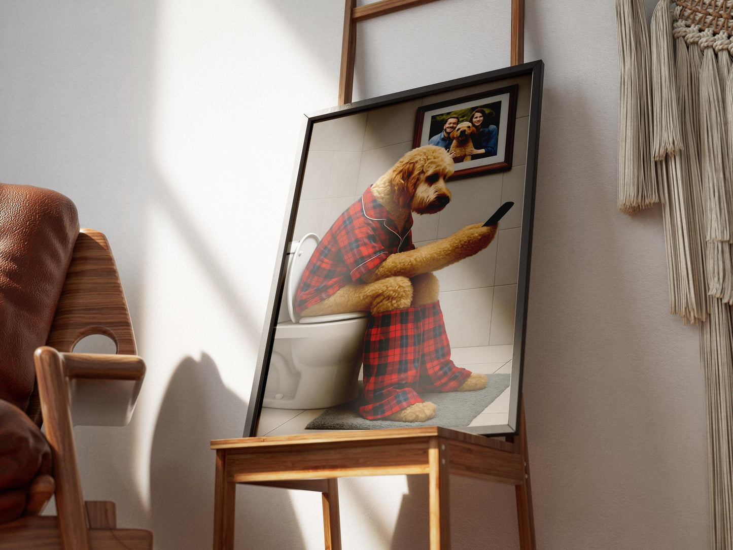 Golden Doodle Toilet Print Funny Dog on Phone Red Tartan Pyjamas Bathroom Wall Art Ensuite Gift Poodle Loo Quote Sign