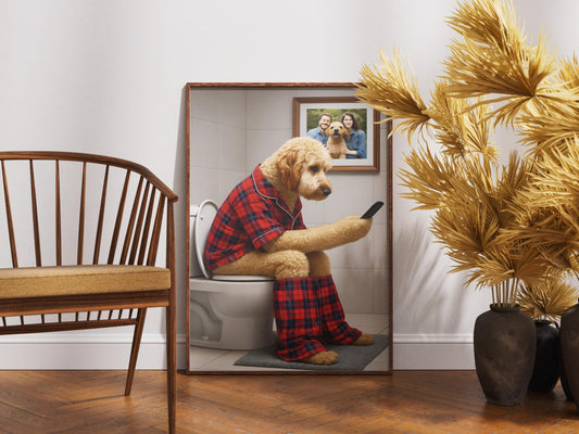 Golden Doodle Toilet Print Funny Dog on Phone Red Tartan Pyjamas Bathroom Wall Art Ensuite Gift Poodle Loo Quote Sign