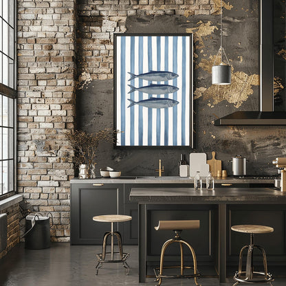 Sardines Print Art, Nautical Decor, Coastal Home Decor, Fish Art Print, Blue Stripes Poster Print, Beach House Painting