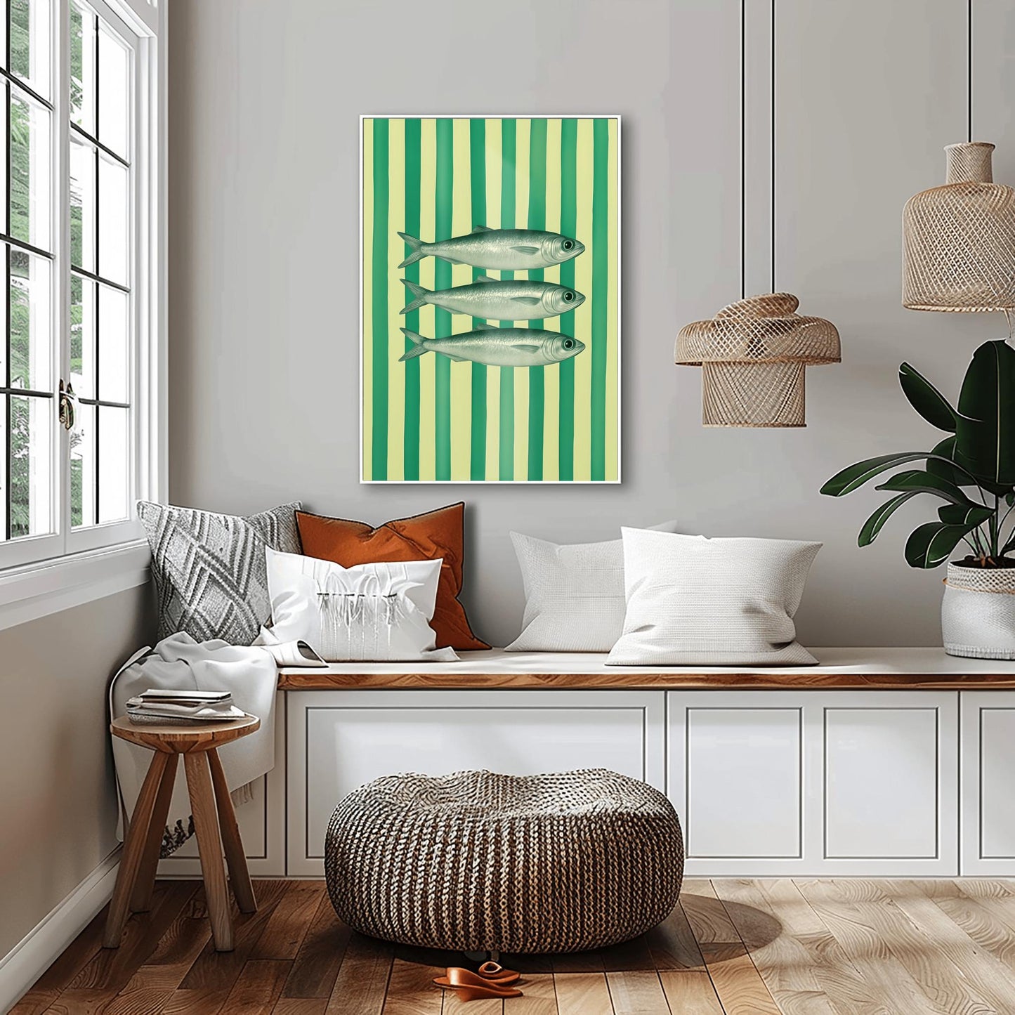 Sardines Print Art for Coastal Home Decor, Nautical Fish Wall Art, Beach House Blue Stripes Poster, Funky Fisherman Aesthetic