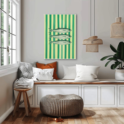 Sardines Print Art for Coastal Home Decor, Nautical Fish Wall Art, Beach House Blue Stripes Poster, Funky Fisherman Aesthetic