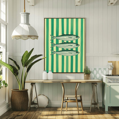 Sardines Print Art for Coastal Home Decor, Nautical Fish Wall Art, Beach House Blue Stripes Poster, Funky Fisherman Aesthetic