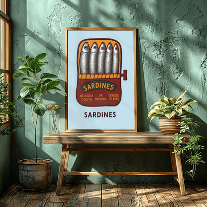 Sardines Hand Drawn Art Print, Retro Tinned Fish Wall Decor, Trendy Seafood Art for Modern Kitchen or Coastal Gallery