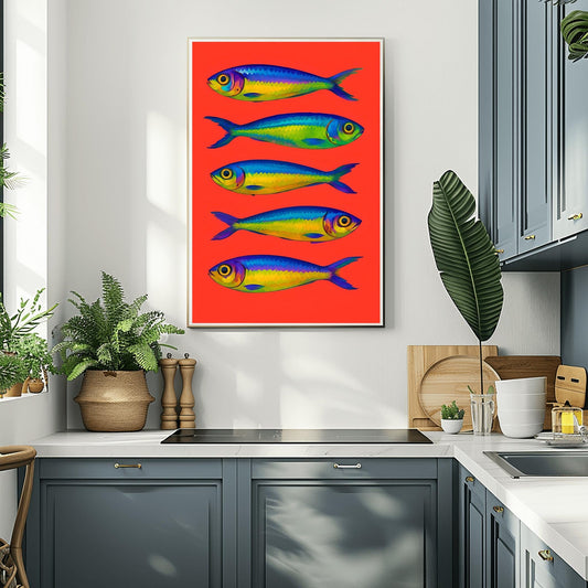 Sardines poster, Bright sardines print, Colourful house decor, Fish poster, retro decor, fish decor, kitchen decor, sardine decor, kitchen
