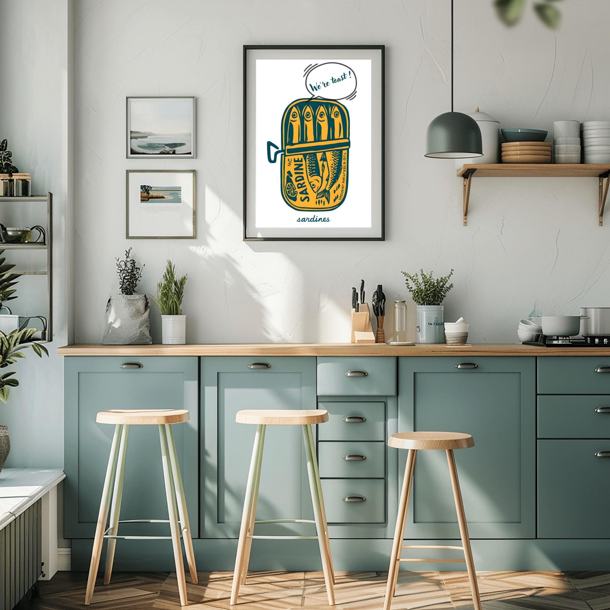 Tinned Sardines Poster Art Print, Navy Blue Retro Wall Art, Kitchen Aesthetic Decor, Trendy Sardine, Coastal Printable Art, "We're Toast"