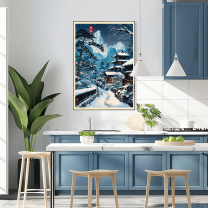 Snowy Village Japanese Illustration, Anime Style Nature Scene Wall Art Print, Modern Ukiyo-e Decor Poster